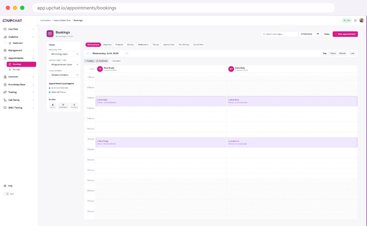 UpChat Bookings dashboard in a browser window showing a day view of confirmed and pending in-home estimate appointments across two team members