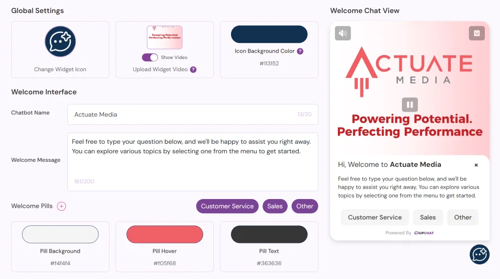 Upchat.Io Video Widget in the UpChat dashboard