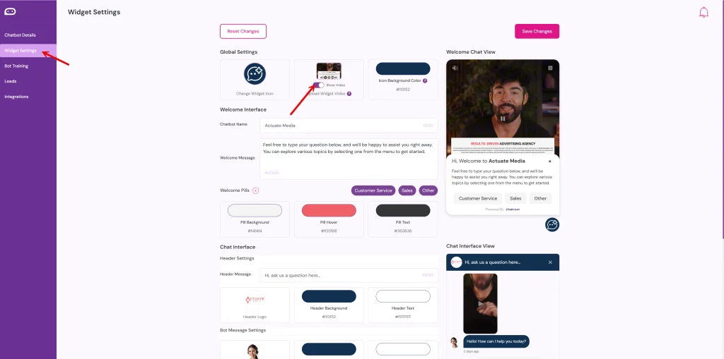 Video Widget Setup Step 1 in the UpChat dashboard