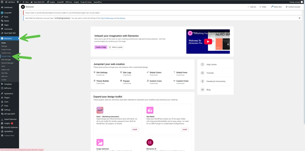 WP Elementor Installation in the UpChat dashboard