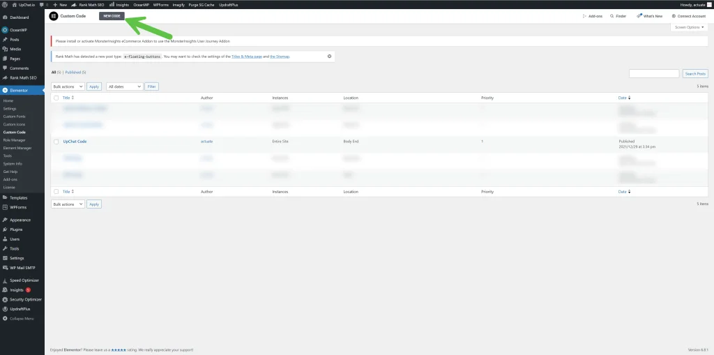 WP Elementor Installation Custom Code New Code in the UpChat dashboard