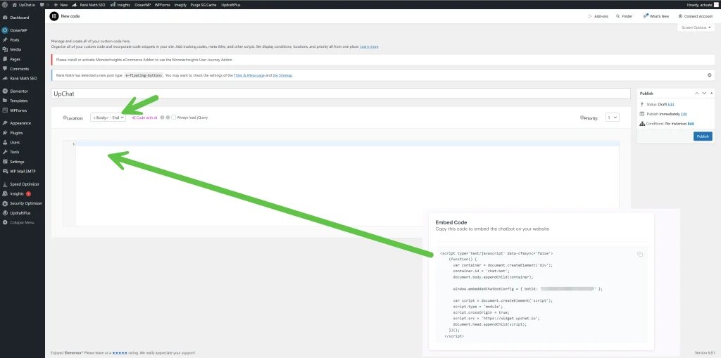 WP Elementor Installation Custom Code New Code Paste UpChat Code Body End in the UpChat dashboard