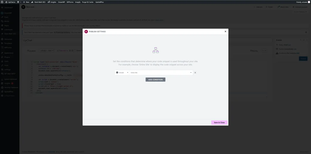 WP Elementor Installation Custom Code New Code Paste UpChat Code Body End Publish Include Entire Site in the UpChat dashboard