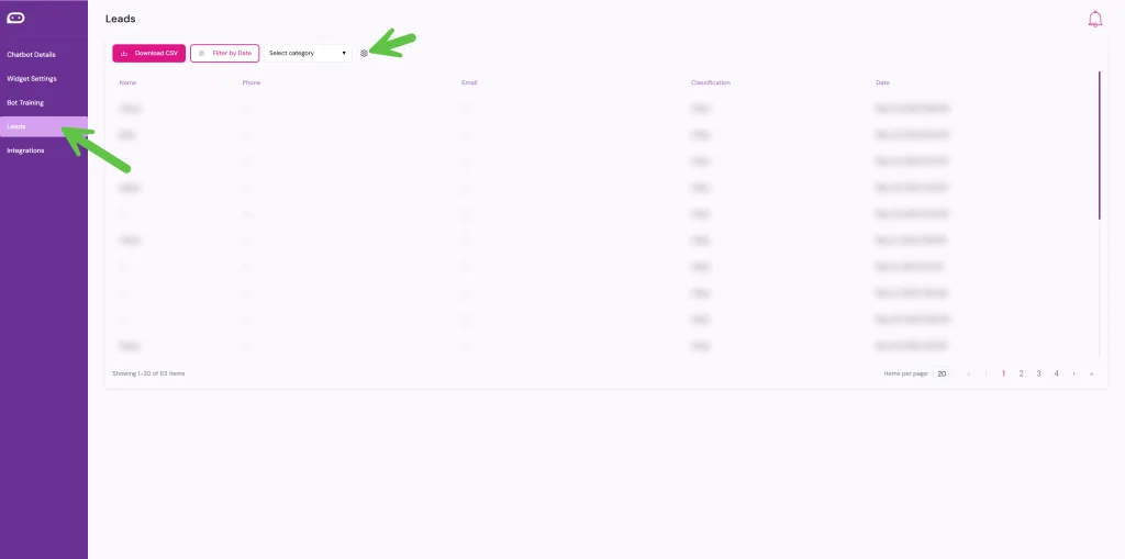 Leads in the UpChat dashboard