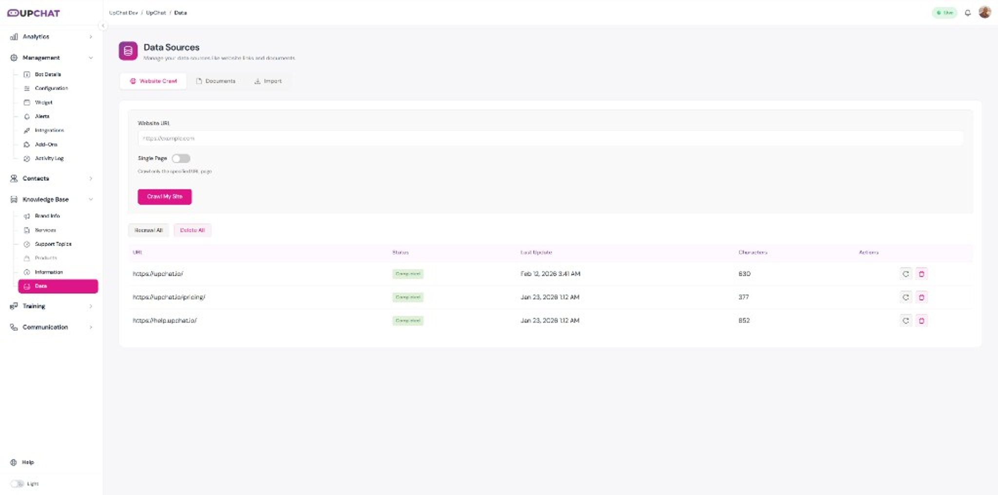Data Sources Website Crawl tab with URL field, Single Page toggle, and a table of crawled pages with Completed status.