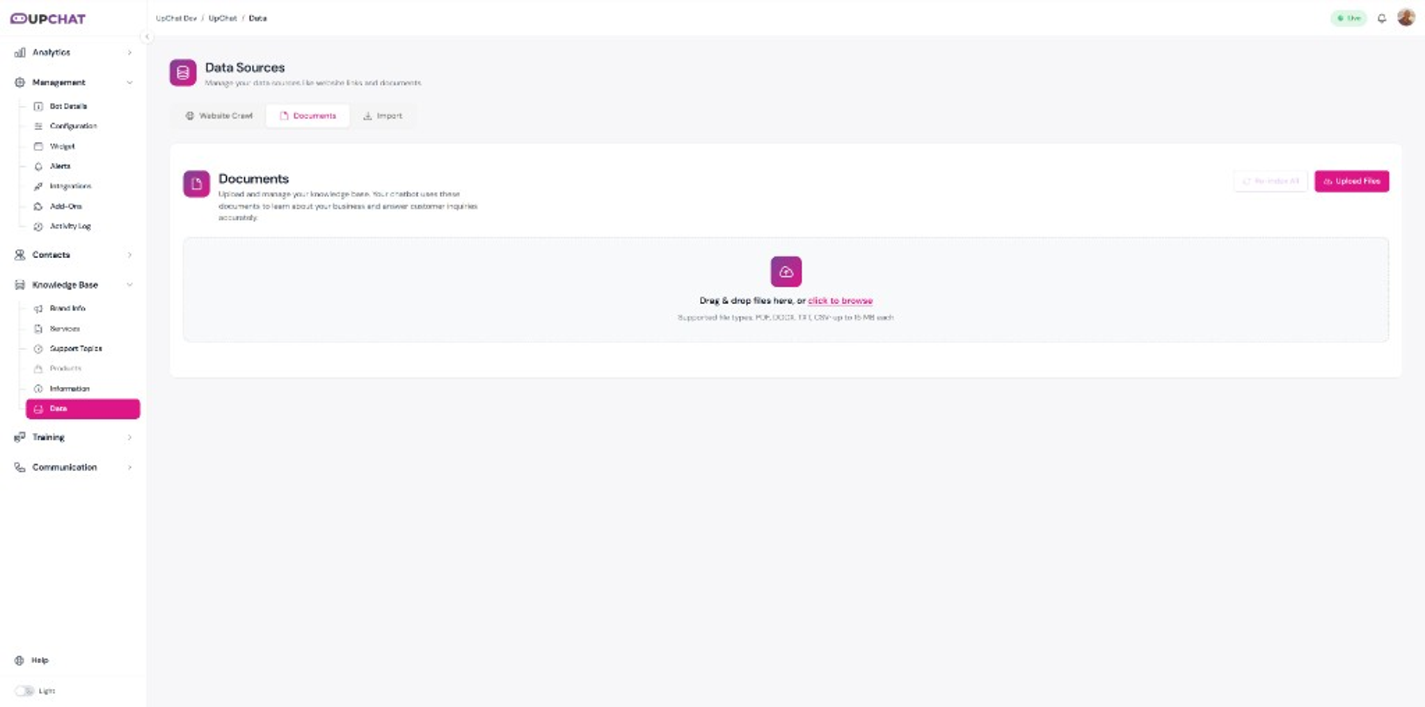 Documents tab with drag-and-drop upload area and supported file types listed.