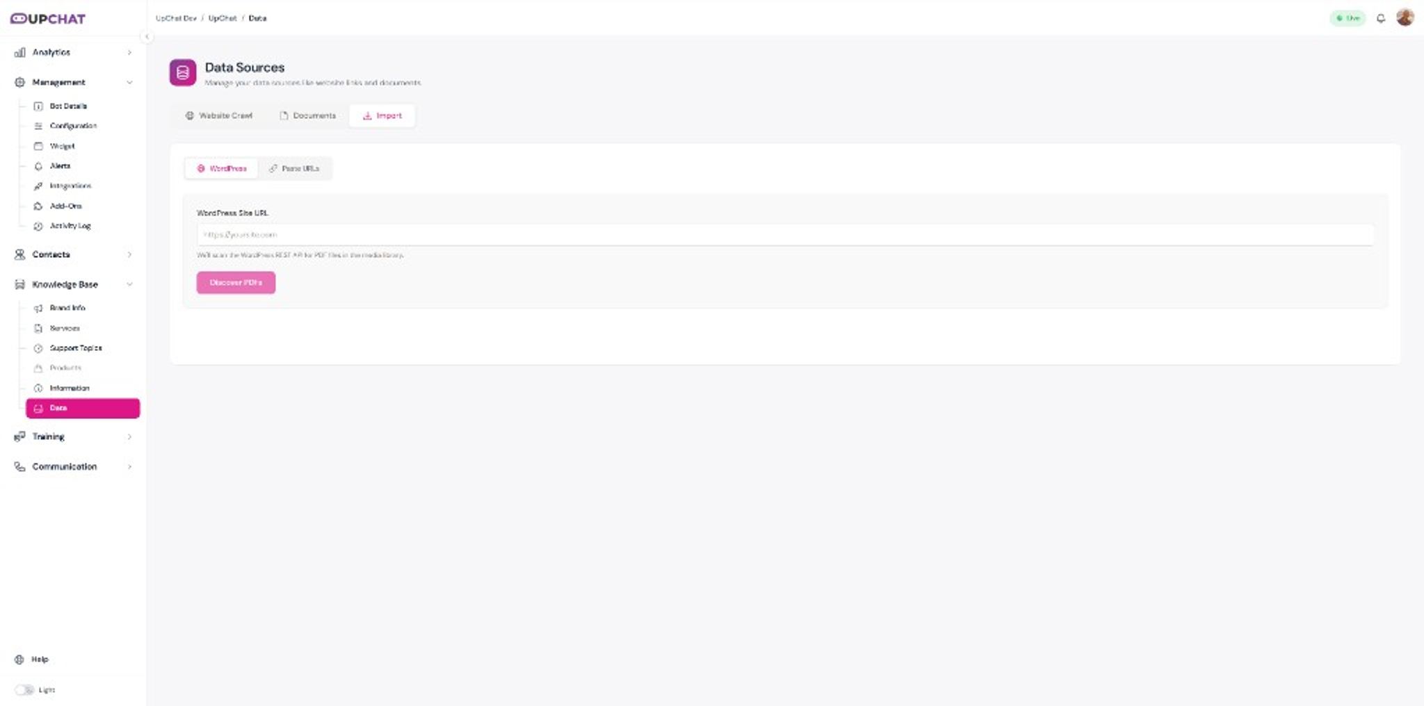 Import tab with WordPress selected, site URL field, and Discover PDFs button.