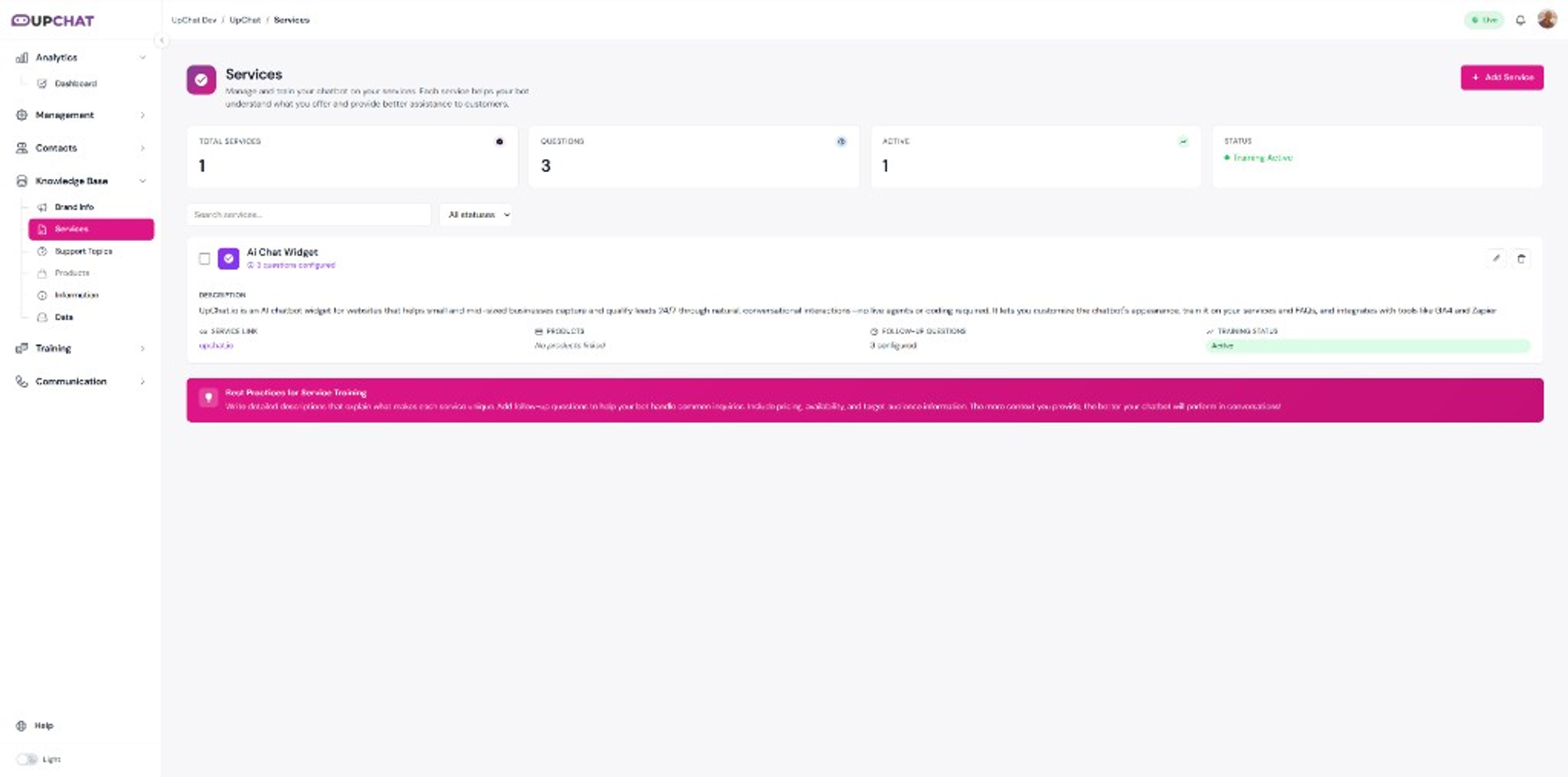 Services page with KPI cards and an expanded service entry showing description, link, and follow-up questions.
