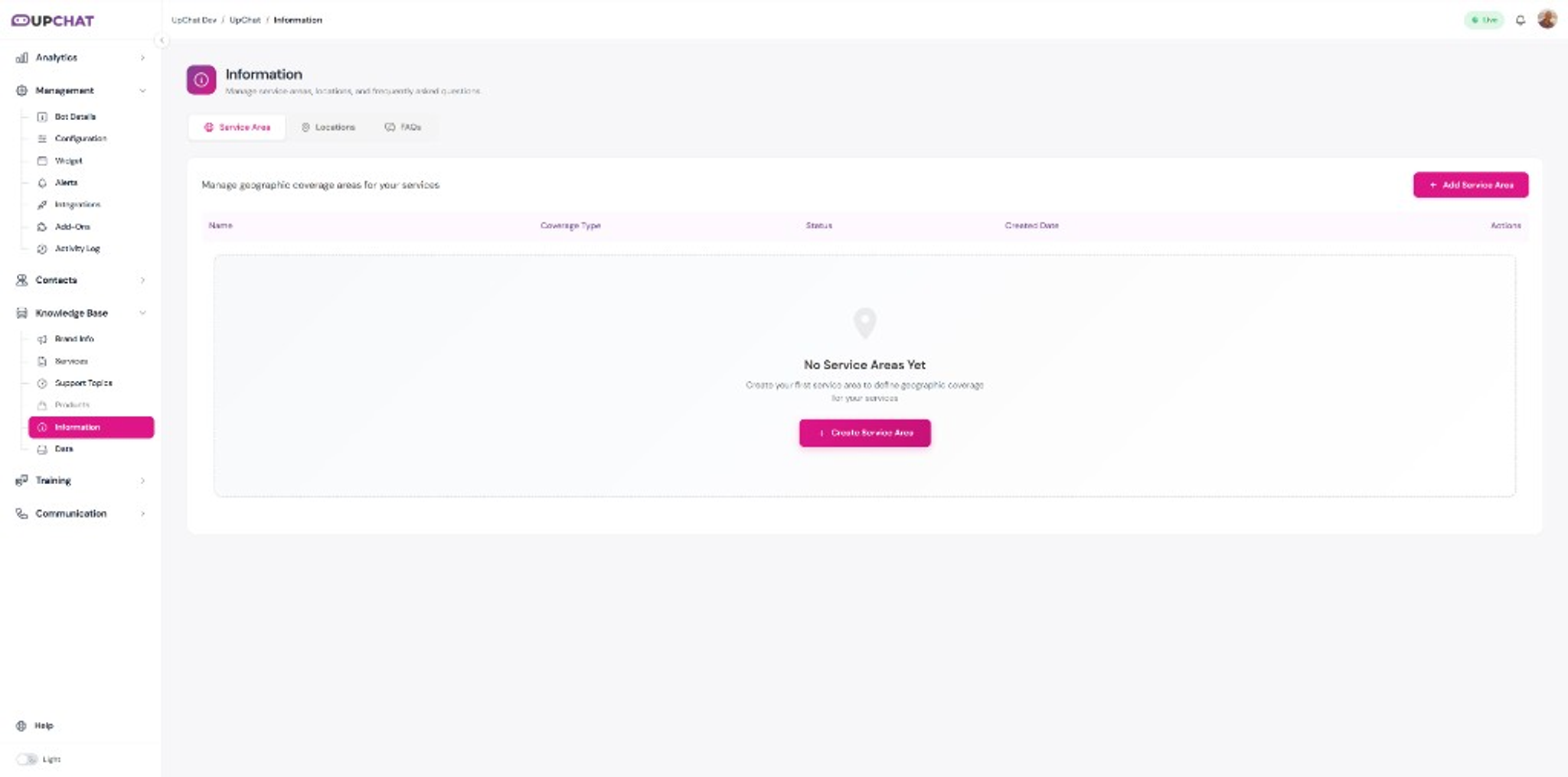 Information Service Area tab with empty state and Create Service Area button.