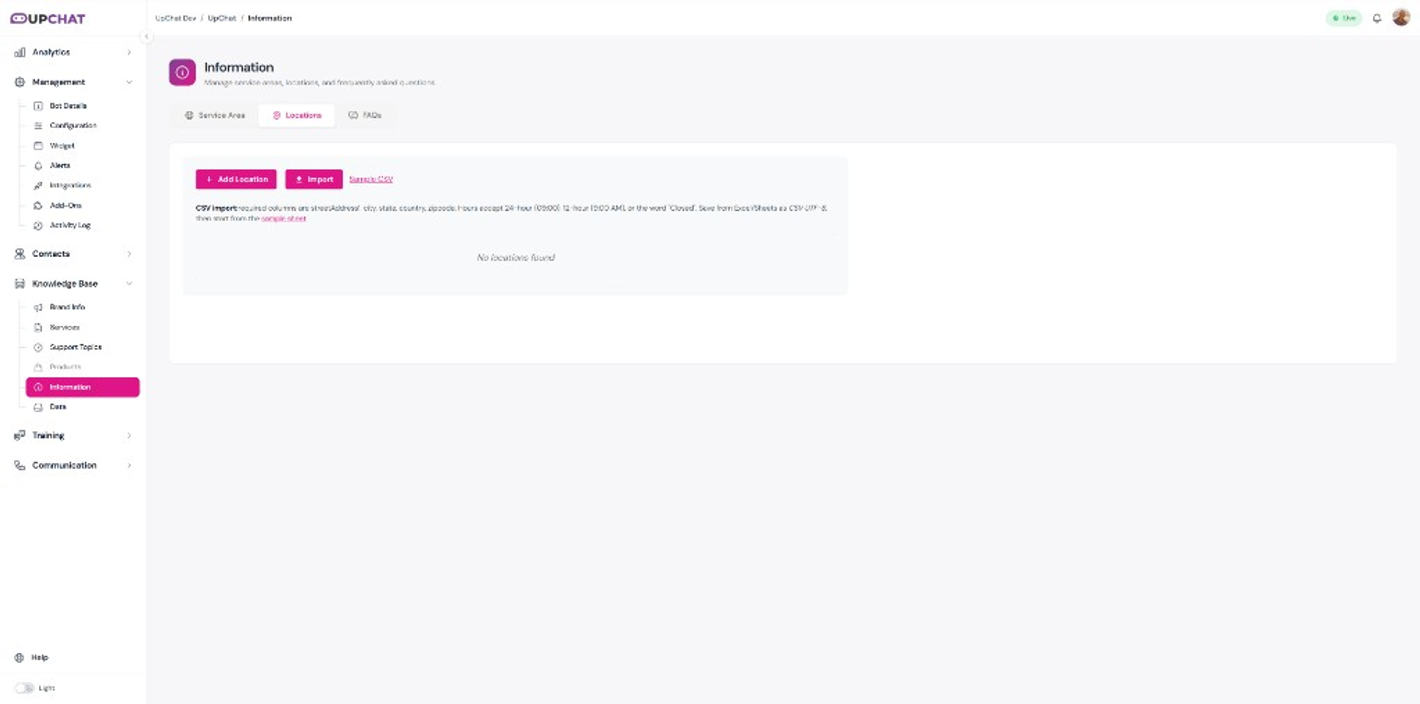 Information Locations tab with Add Location, Import, and CSV format guidance.