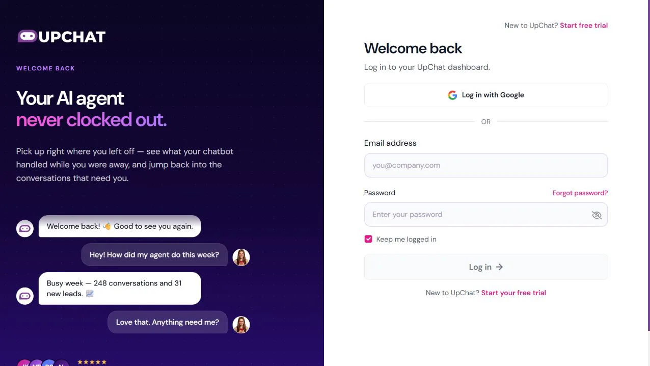 UpChat sign-in screen with Google login, email address, password, and Log in controls.