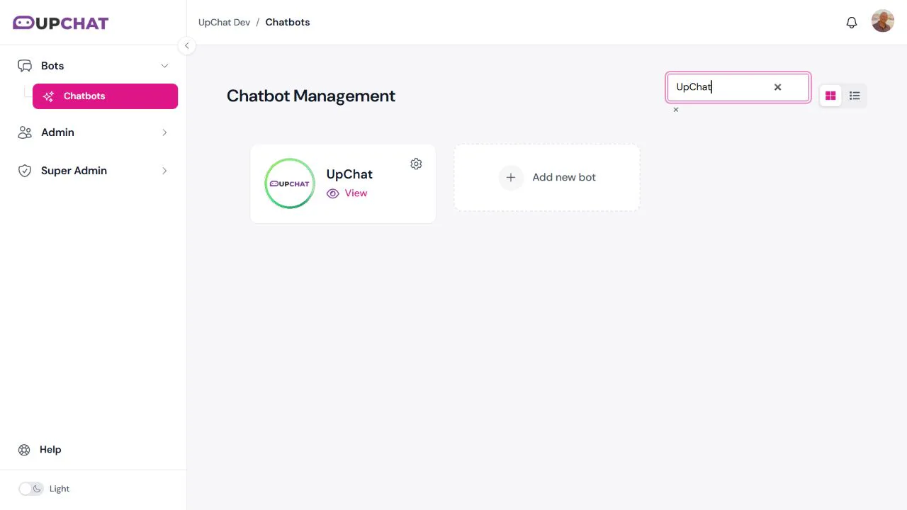 Chatbot Management showing a filtered UpChat bot tile and the Add new bot control.