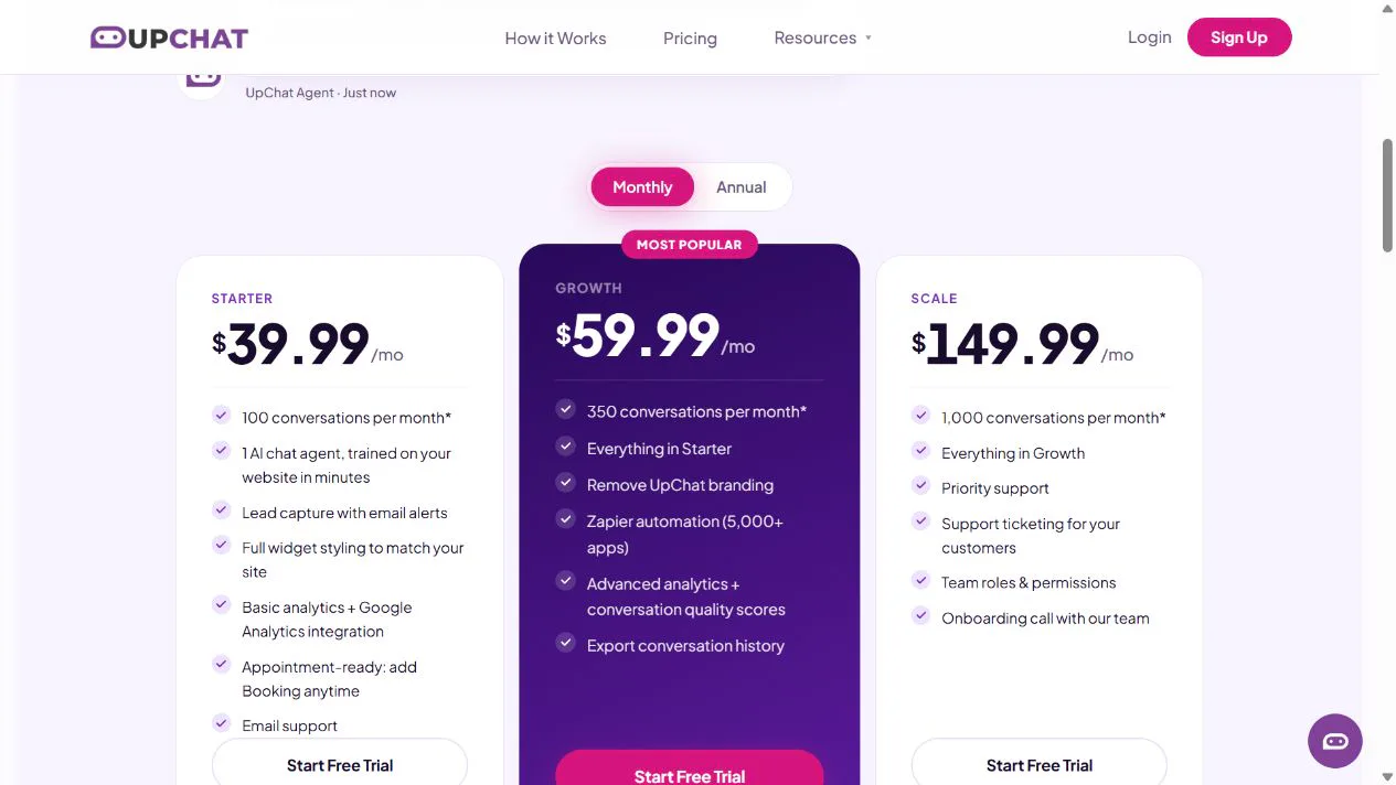 UpChat public pricing page comparing Starter, Growth, and Scale monthly plans.