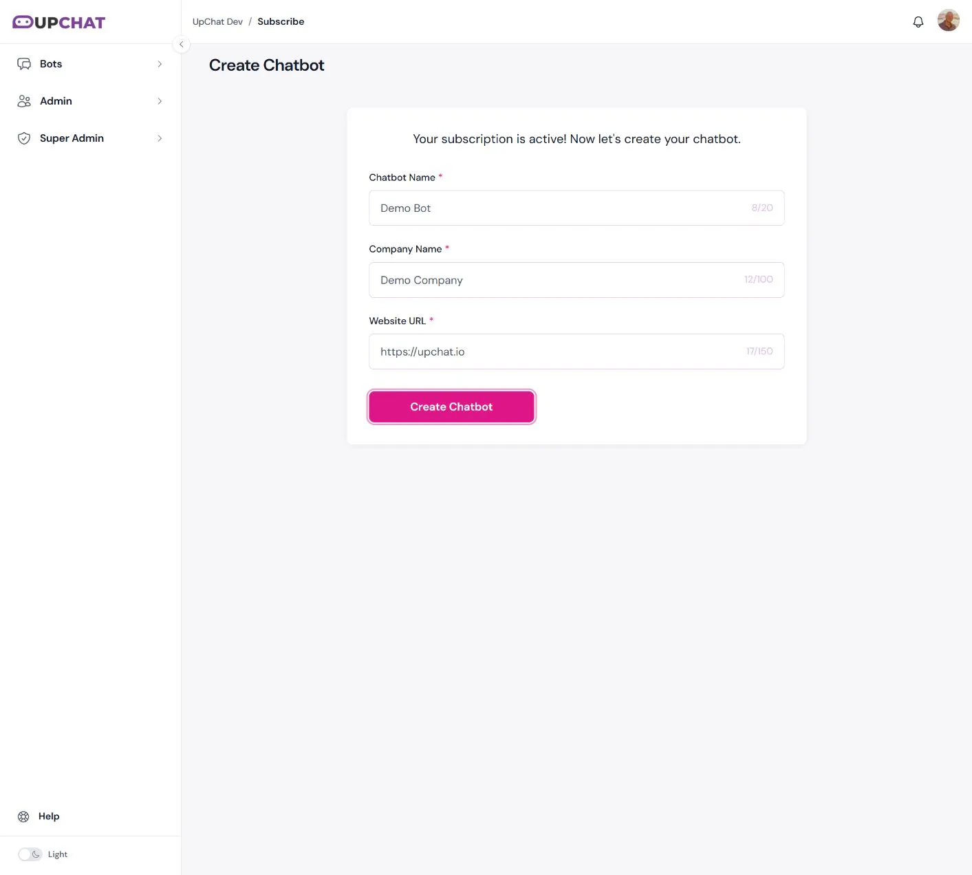 Create Chatbot form filled with Demo Bot, Demo Company, and https://upchat.io.