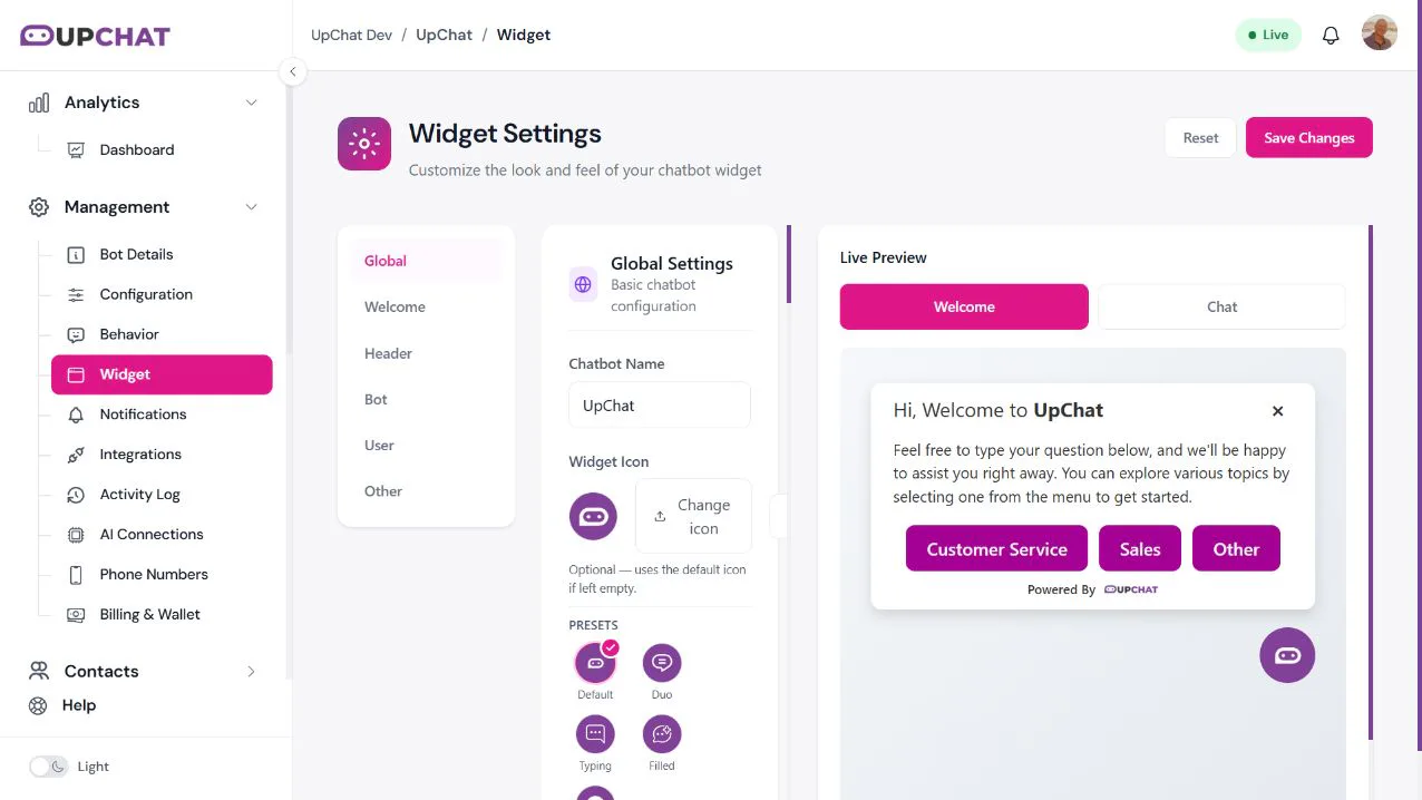 Widget Settings with Global Settings and the Welcome state of Live Preview.