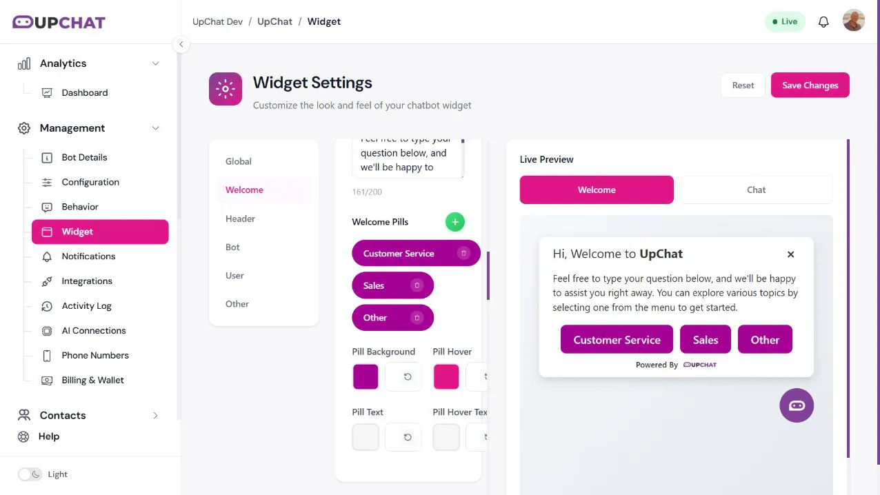 Welcome Interface showing the welcome message and pill editor beside the widget preview.