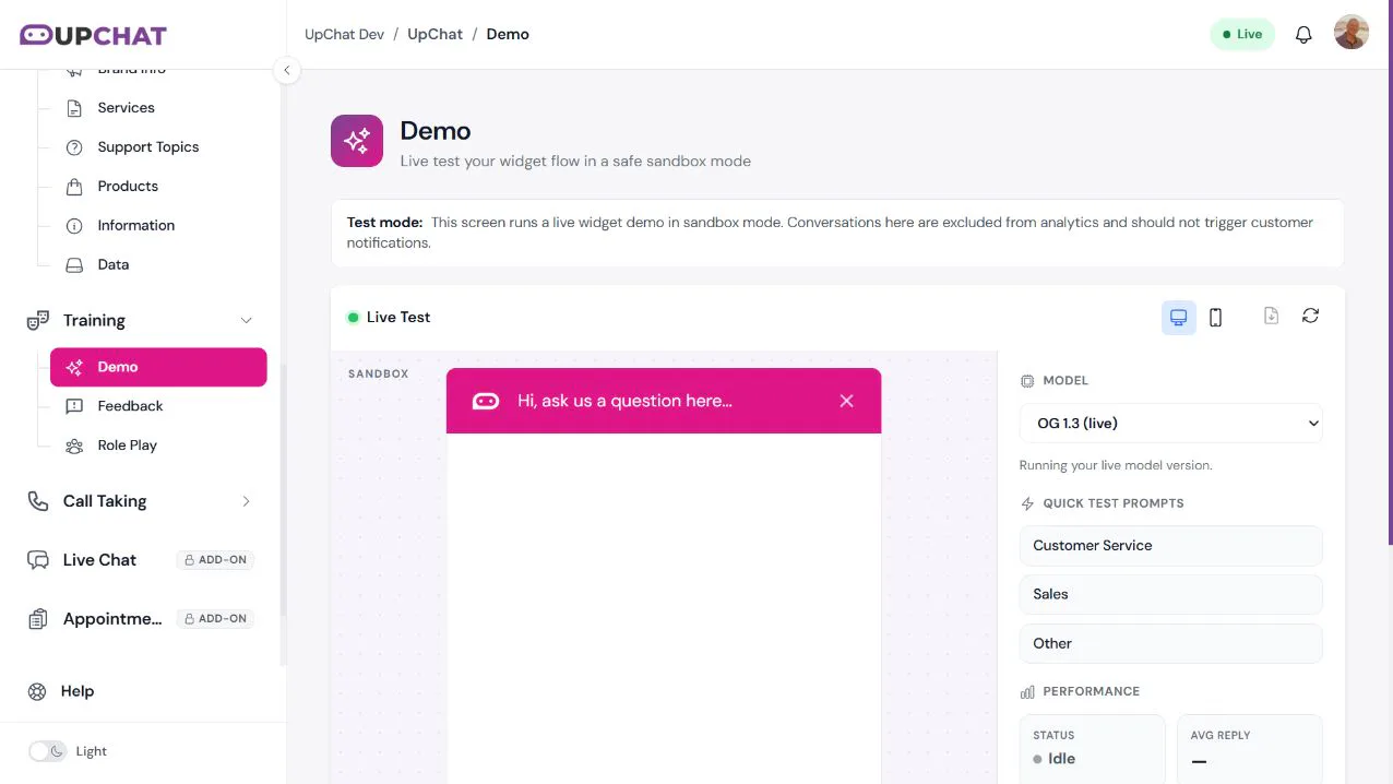 Training Demo with sandbox notice, desktop and mobile controls, model selector, and quick test prompts.