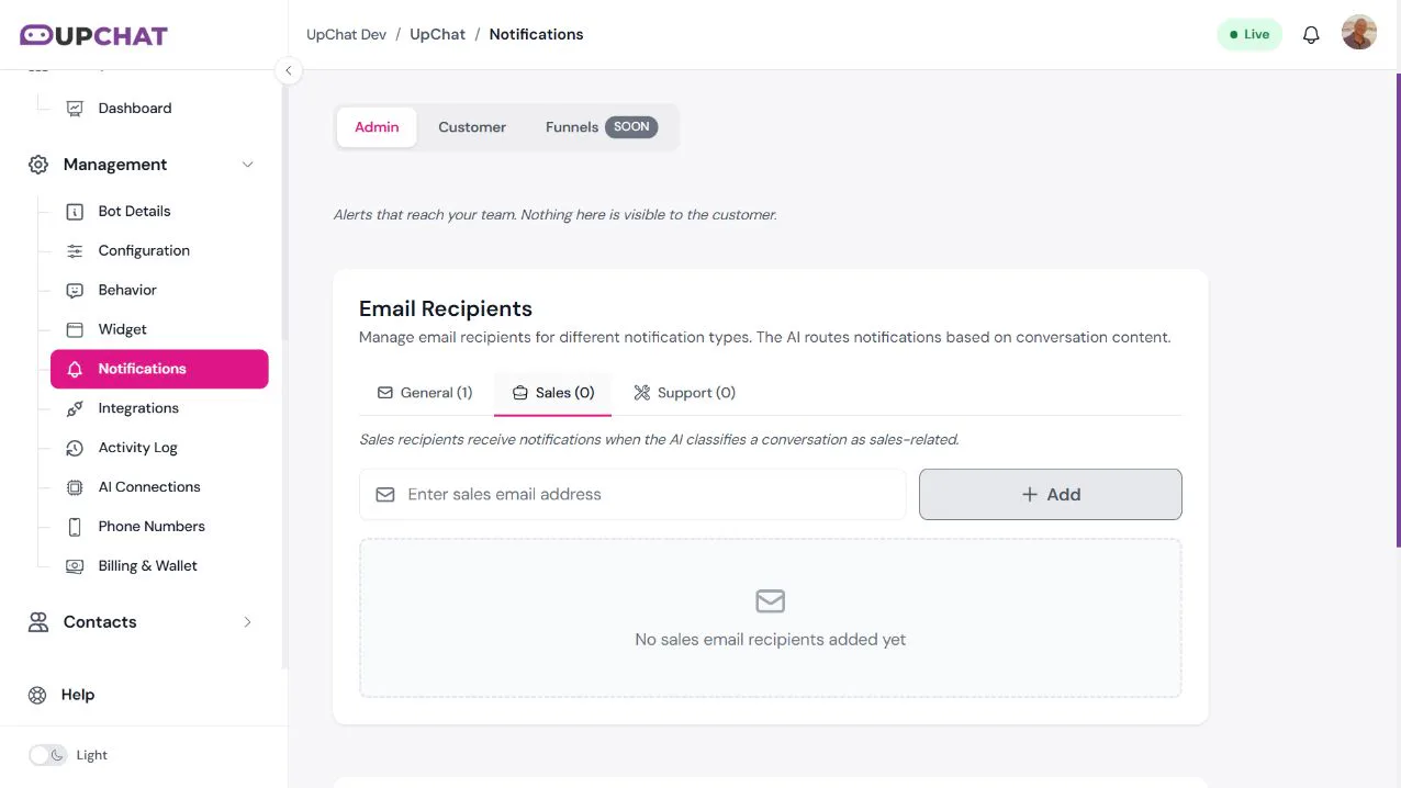 Admin Notifications with General, Sales, and Support recipient tabs and the empty Sales email field.