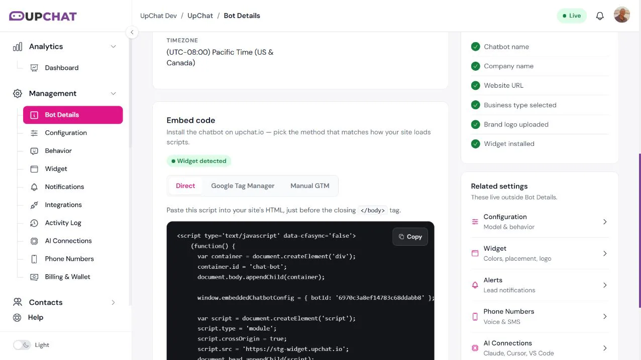 Bot Details Embed code section showing installation method tabs and the Copy button.
