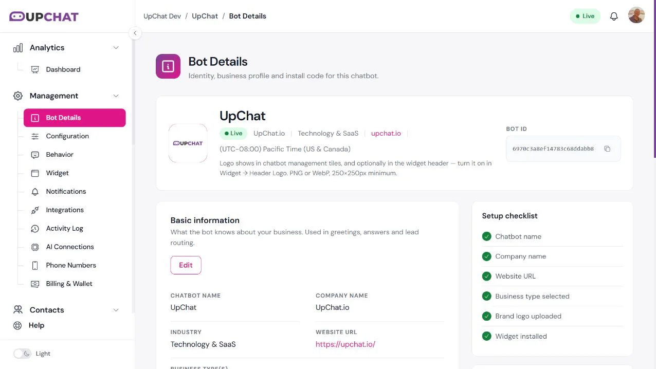 Bot Details showing the example bot identity and Setup checklist, including Widget installed.