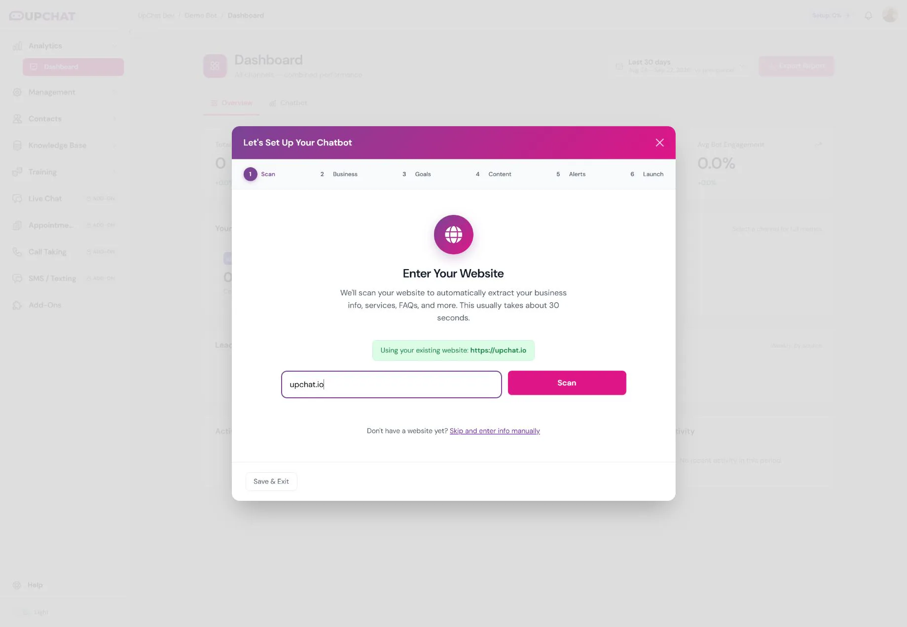 Scan step with upchat.io entered as the demo website.