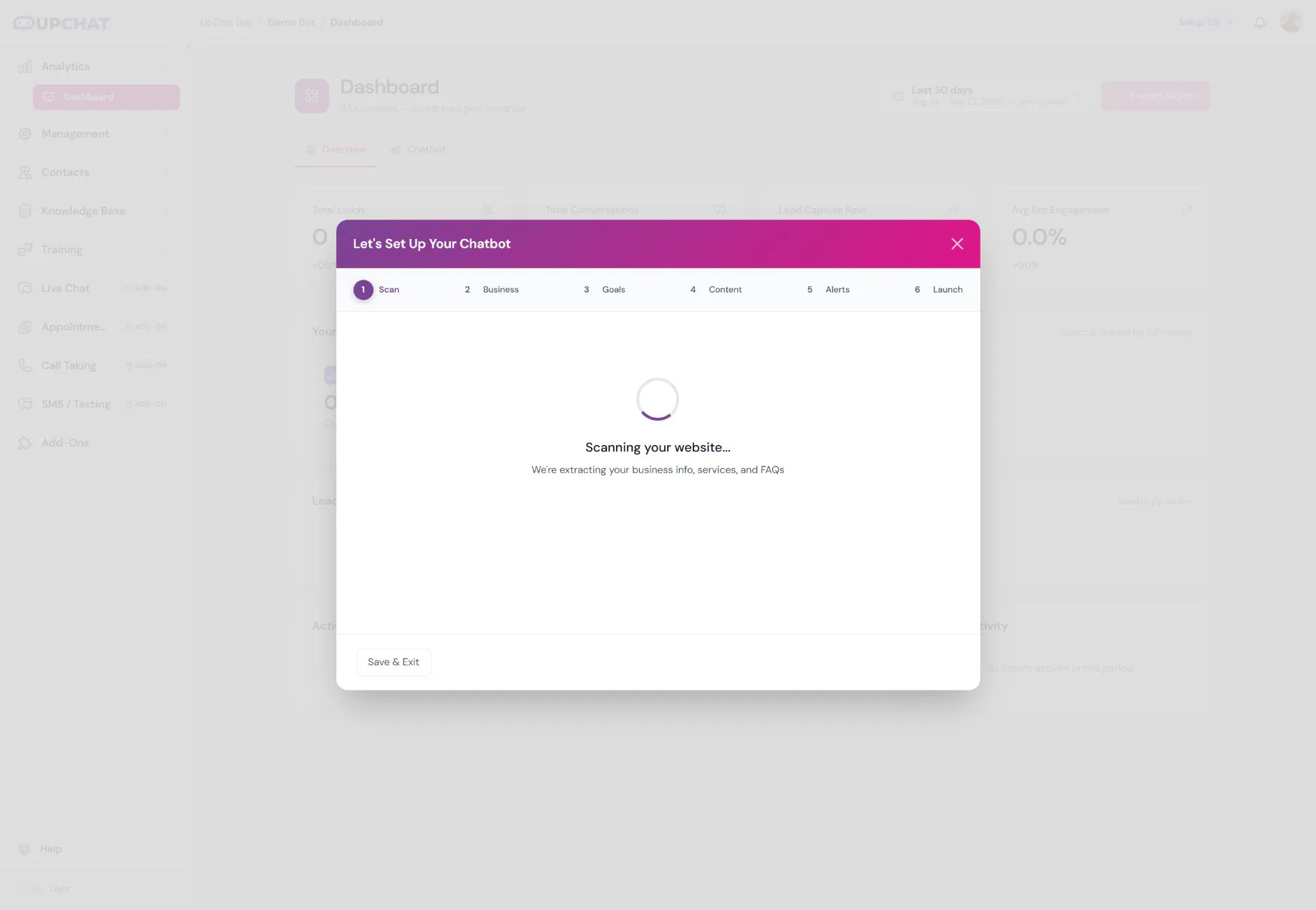 Website scan in progress in the quick onboarding wizard.