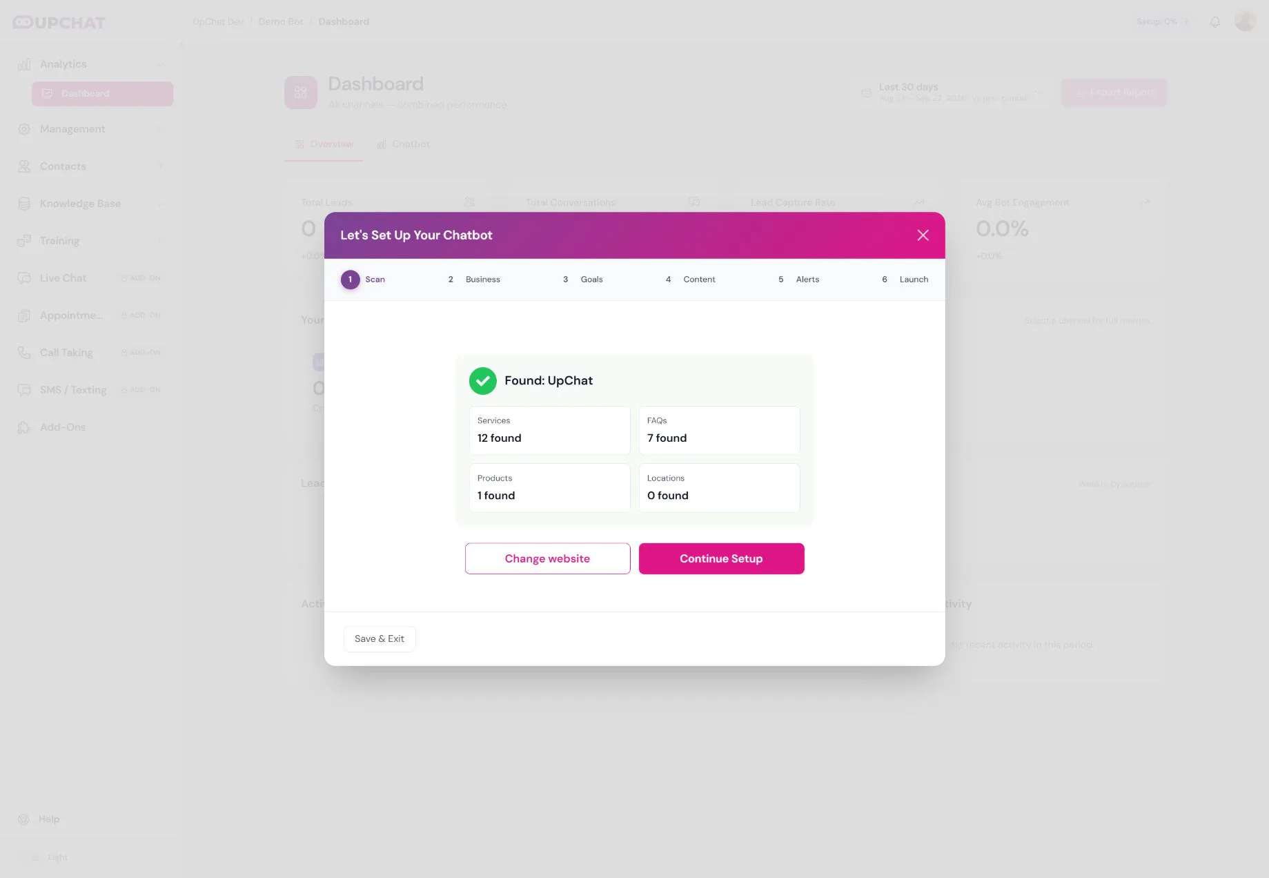 Scan results for UpChat showing discovered services, FAQs, products, and locations.