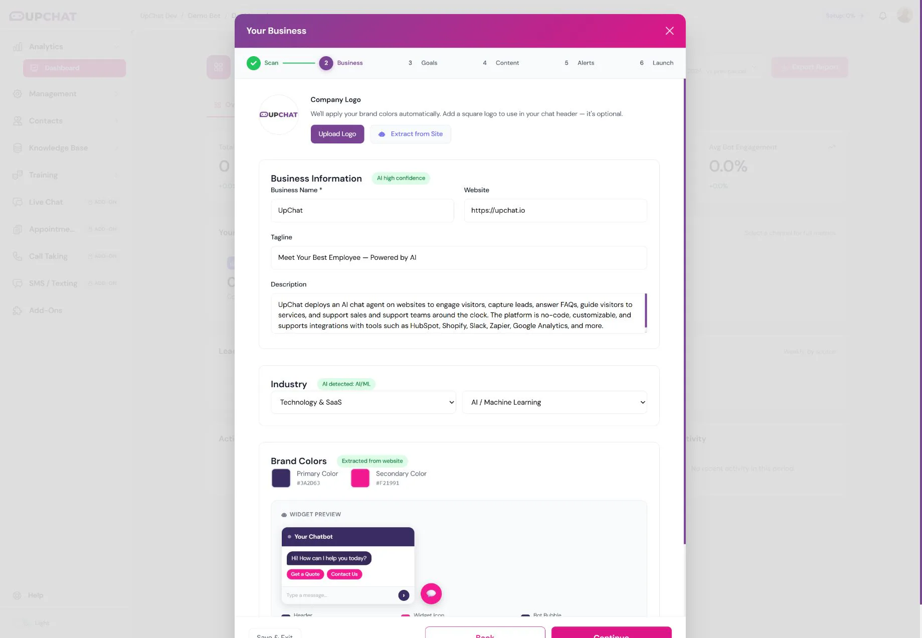 Business step with extracted UpChat information, logo, industry, brand colors, and widget preview.