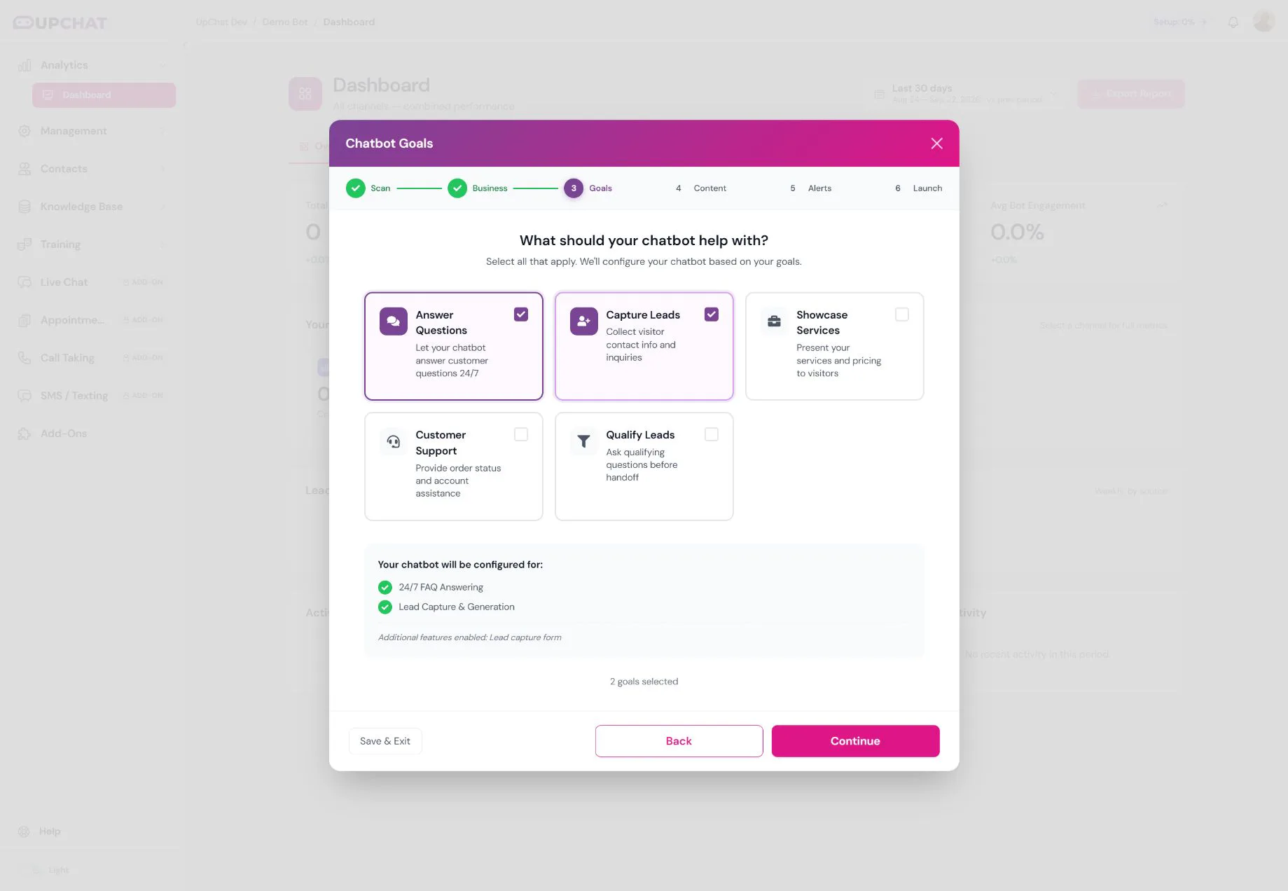 Goals step with Answer Questions and Capture Leads selected for the demo bot.
