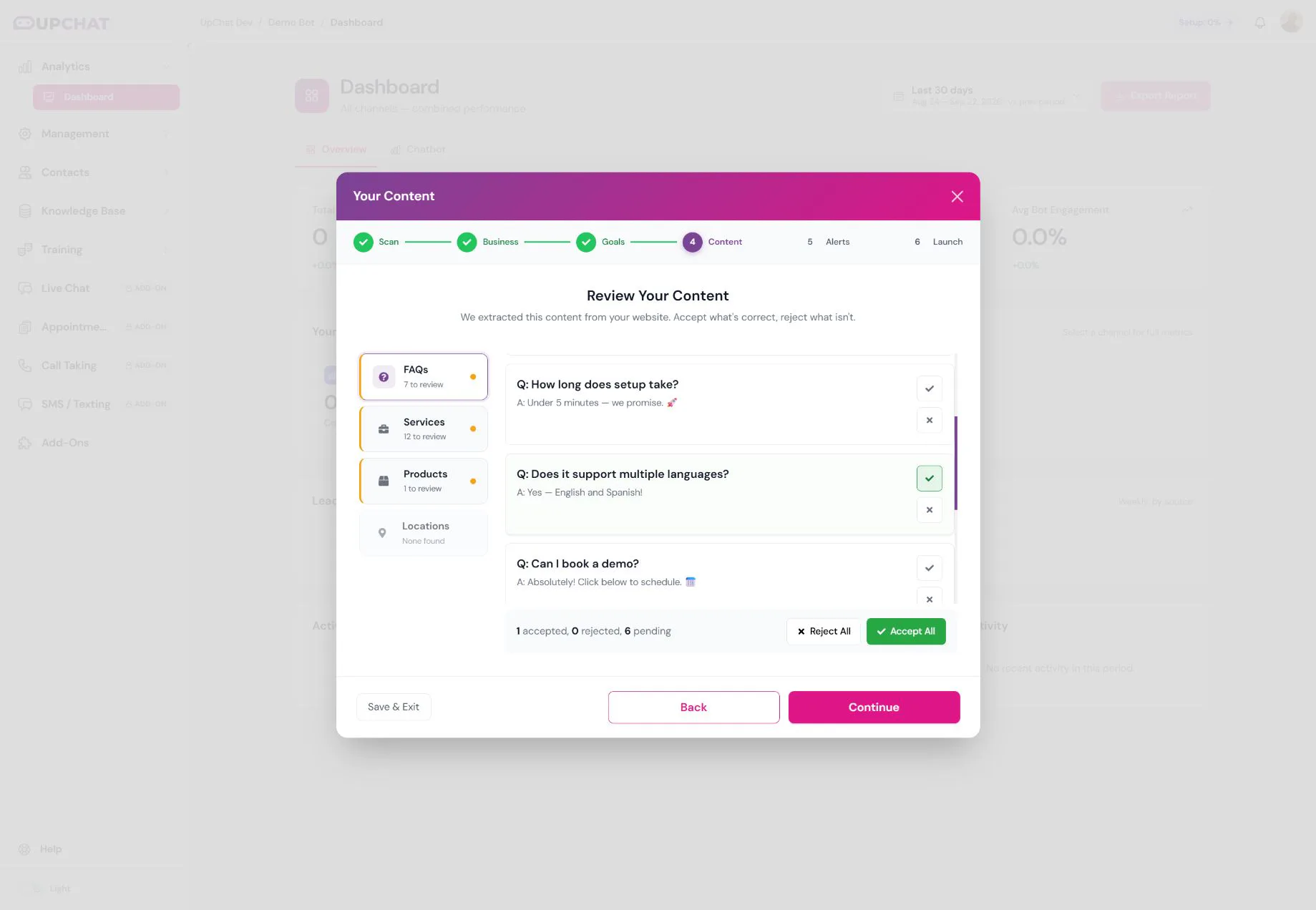 Content review with FAQ entries and individual Accept and Reject controls.