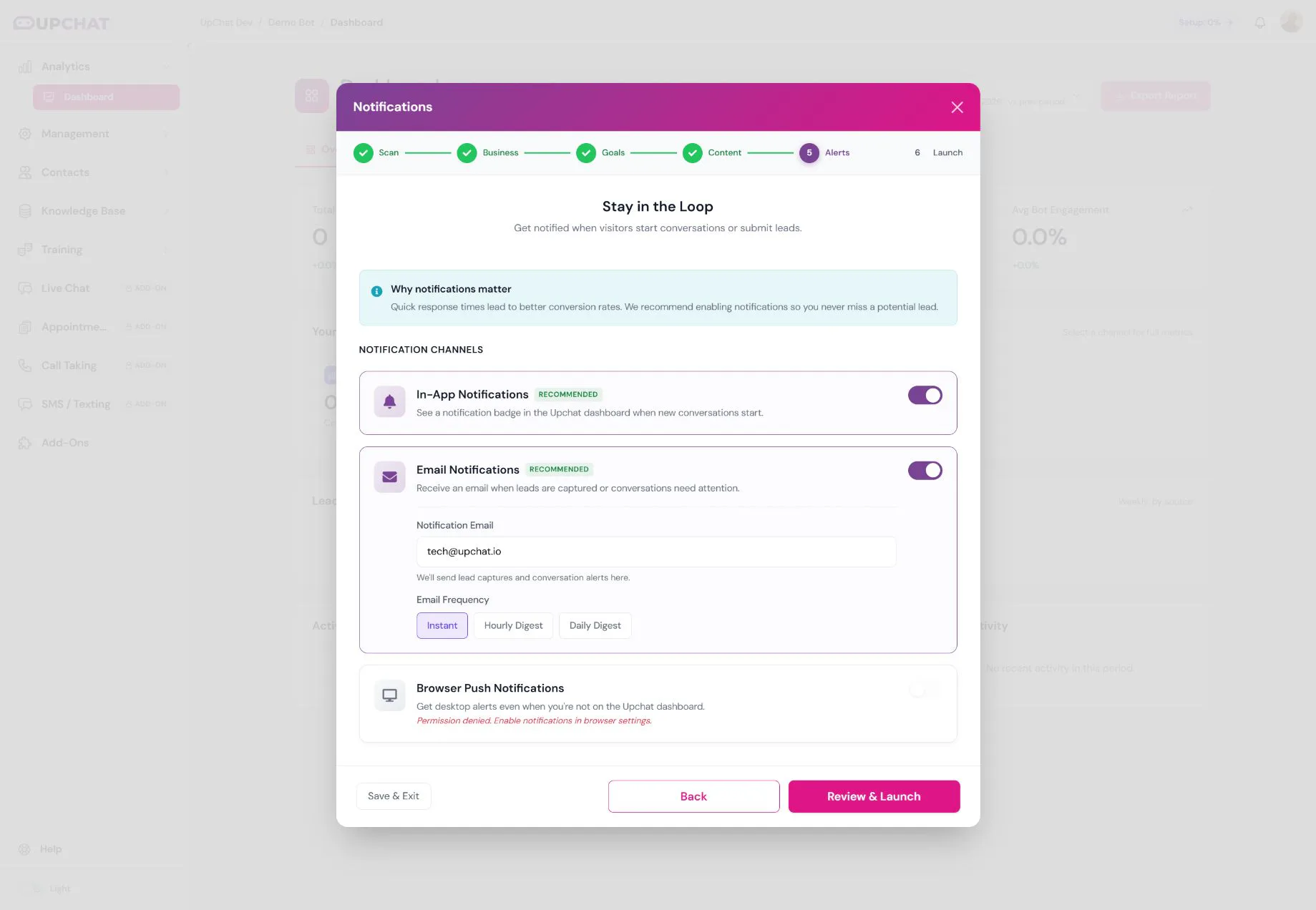 Alerts step showing notification channels, the email field, and frequency options.