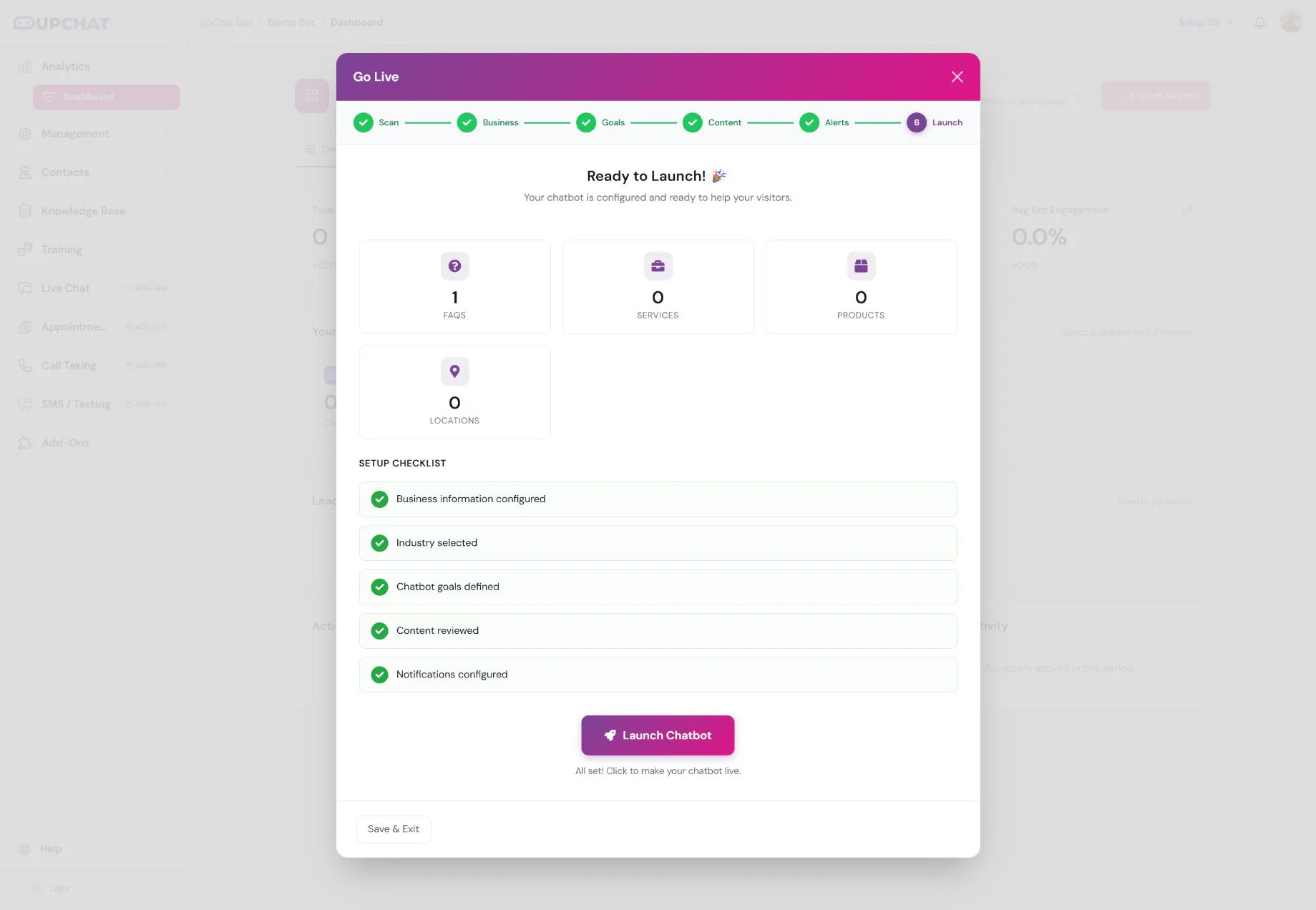 Launch step showing accepted content totals, setup checklist, and Launch Chatbot button.