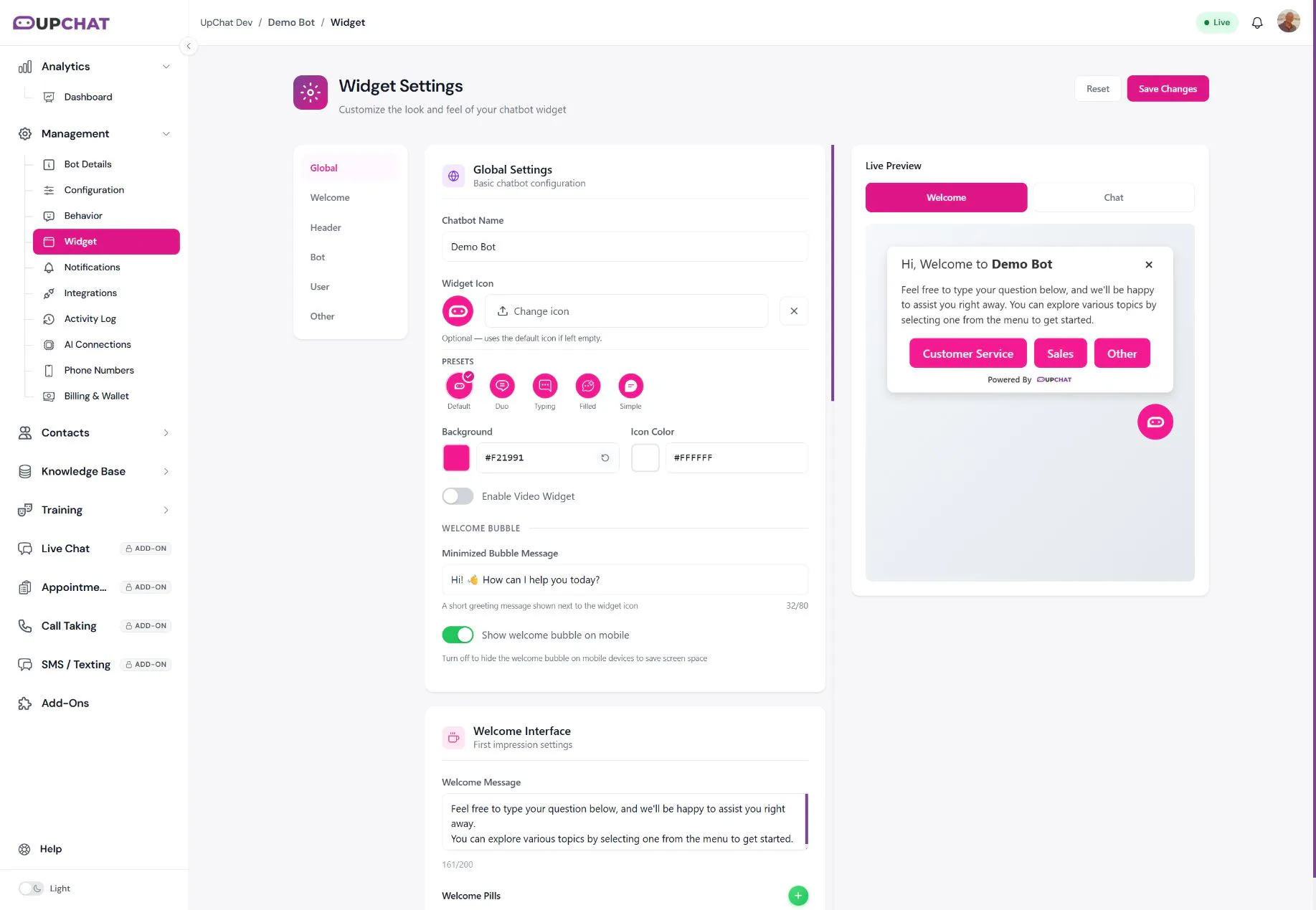 Widget Settings after onboarding with the demo bot’s extracted brand colors.