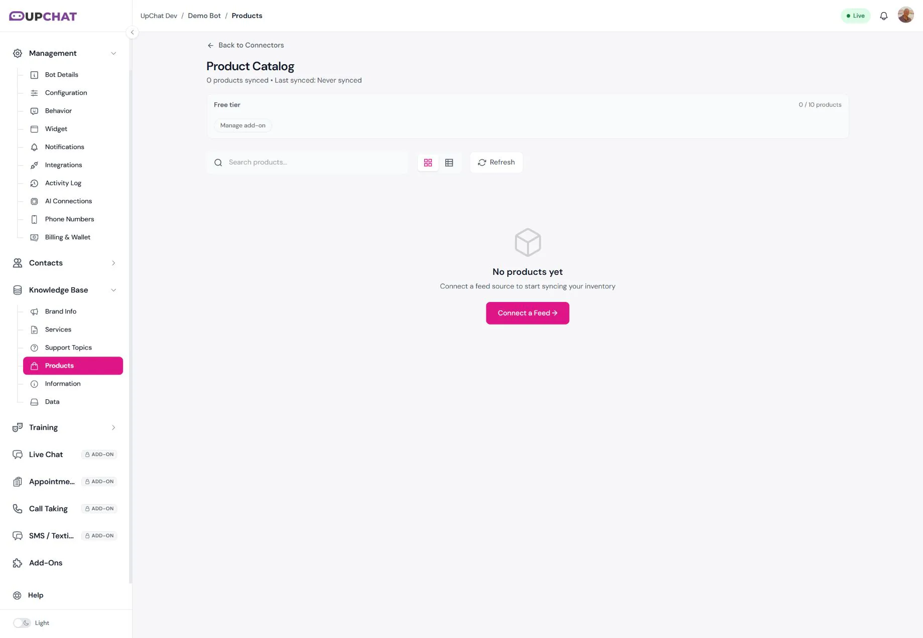 Demo Bot Product Catalog showing no synced inventory and a Connect a Feed button.