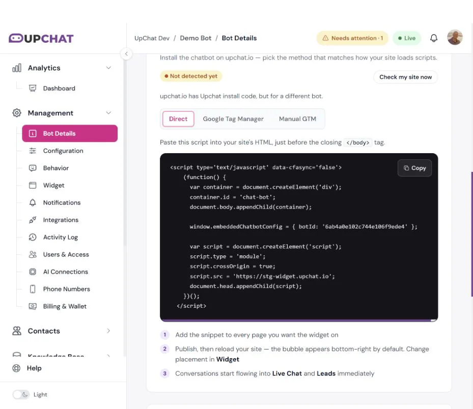 Copy the Direct snippet from your production bot before pasting it into Webflow Footer code.